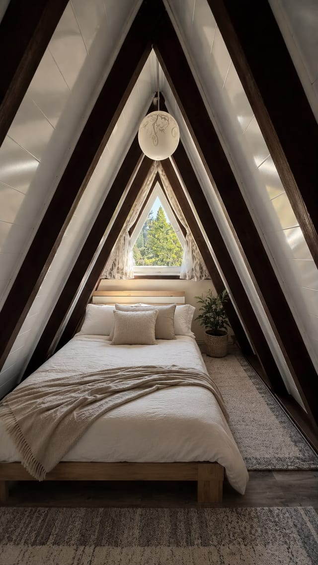 Schlafzimmer im Nurdachhaus — Doppelbett unter dem Dach